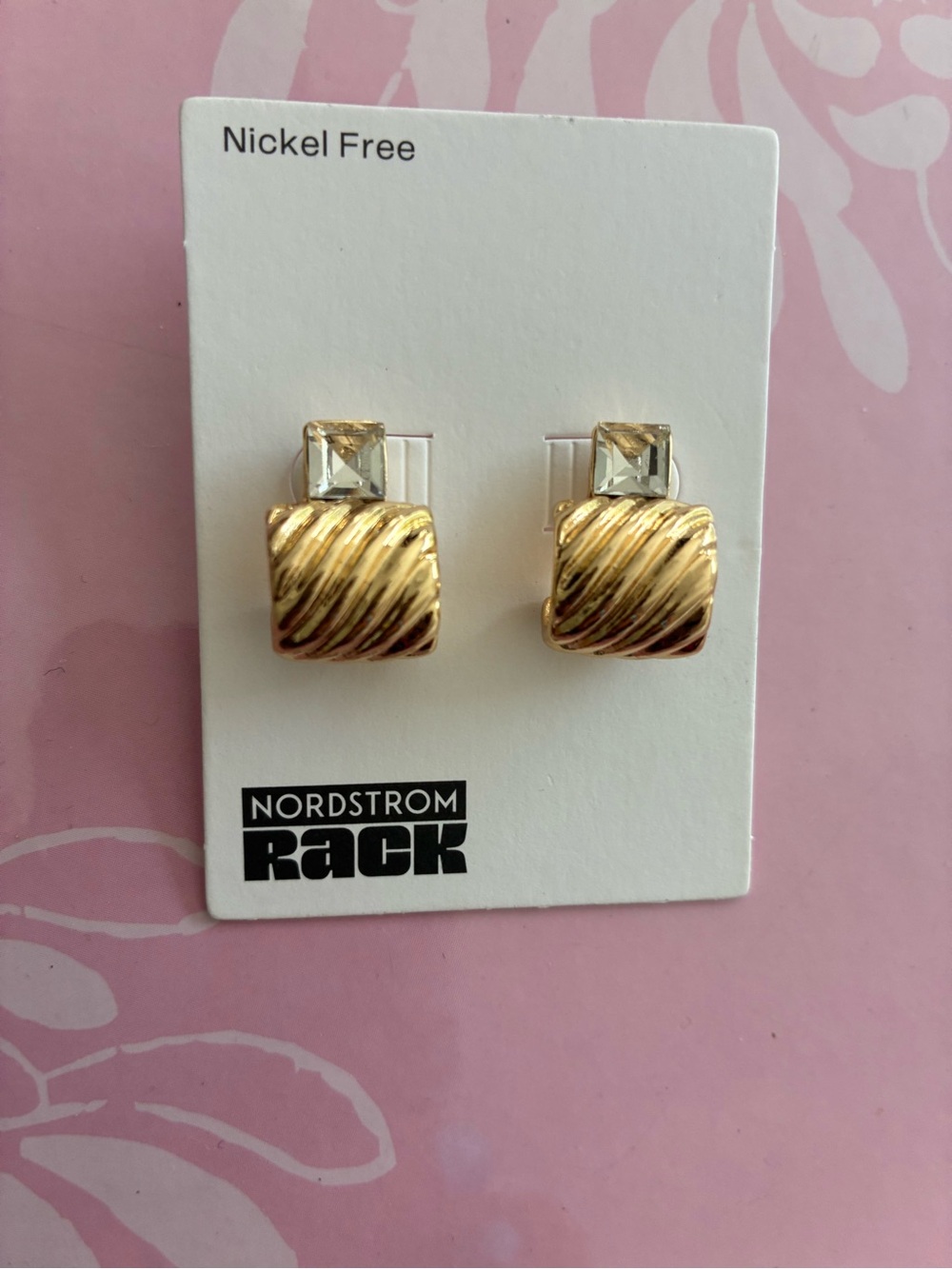 Nordstrom Gold Twisted Square Stud Earrings with Clear Accent